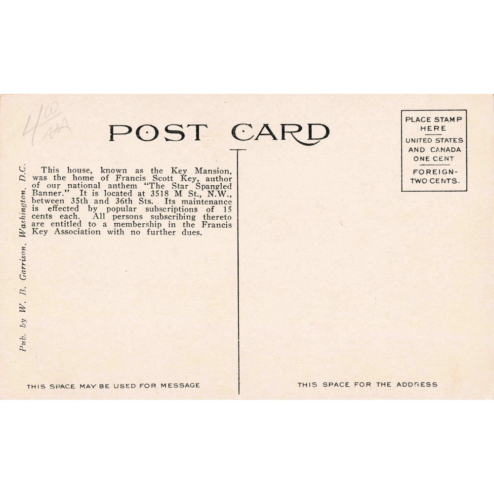 Vintage The Key Mansion Washington DC Postcard Francis Scott Key Home VG - Picture 2 of 2